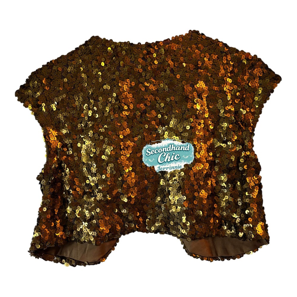 Black Gold Sequin Vest Womens Medium Open Front Cropped Bolero Shrug - Picture 2 of 3